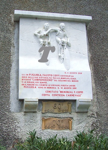 PUGLIOLA DI LERCI (La Spezia) - Una lapide ricorda uno dei sei successi ottenuti da Fausto Coppi quando correva da dilettante indipendente (6 agosto 1939)