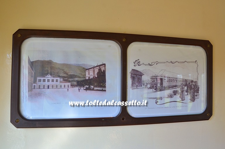 FONDAZIONE FS ITALIANE - Arredi di carrozza ristorante (antiche stampe della stazione di Sondrio e di una vettura a trazione elettrica della Linee Valtellinesi)