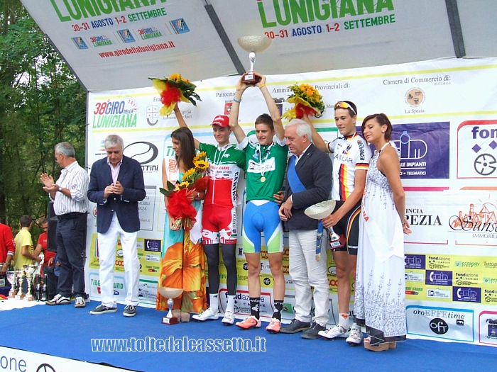 GIRO DELLA LUNIGIANA 2012 - Il podio finale: 1 Matej Mohoric (n. 151 - Slovenia), 2 Silvio Herklotz (n. 109 - Germania), 3 Umberto Orsini (n. 67 - Toscana - campione italiano)