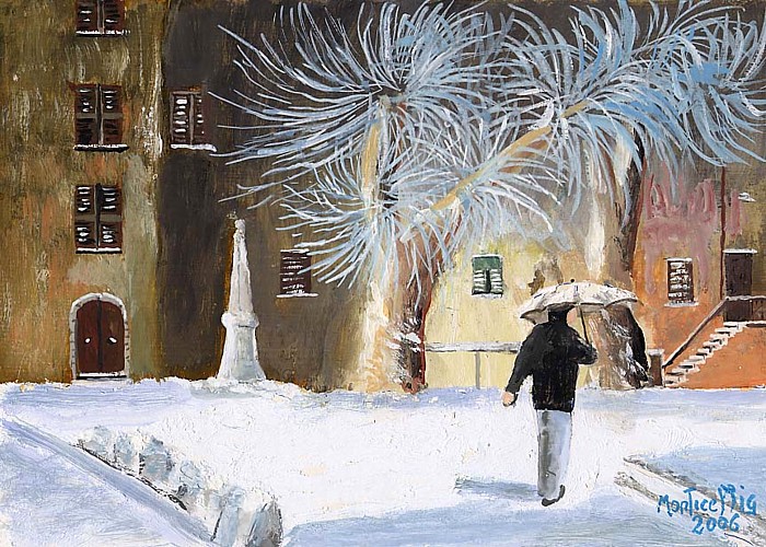 SANTO STEFANO DI MAGRA - Notturno con neve di Piazza della Pace (quadro di Giulio Monticelli)