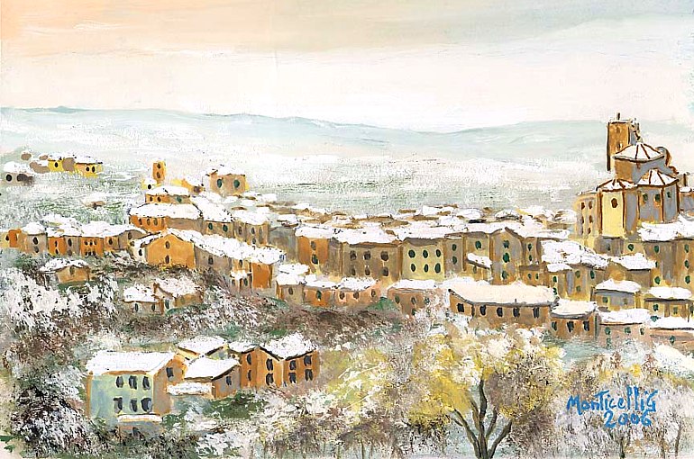 SANTO STEFANO DI MAGRA - Panorama con neve da Via Brigate Alpine (quadro di Giulio Monticelli)