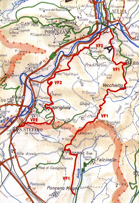 VIA FRANCIGENA - Mappa dei sentieri CAI nel tratto Aulla-Sarzana. Il VF1  quello di monte mentre il VF2 scorre a valle lungo il fiume Magra