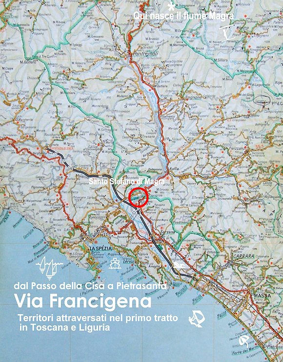 VIA FRANCIGENA - Area geografica dal Passo della Cisa a Pietrasanta. Cliccando sulla zona evidenziata si pu vedere una panoramica del territorio circostante Santo Stefano di Magra