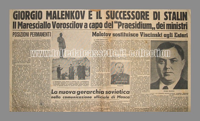 CORRIERE DELLA SERA del 7 marzo 1953 - Giorgio Malenkov  il successore di Stalin. Il maresciallo Voroscilov a capo del "Praesidium" dei ministri...