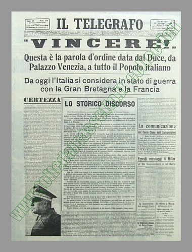 IL TELEGRAFO dell'11 giugno 1940 - L'Italia dichiara guerra a Francia e Gran Bretagna