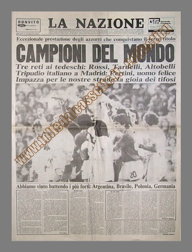 LA NAZIONE del 12 luglio 1982 - Italia campione del mondo di calcio per la terza volta