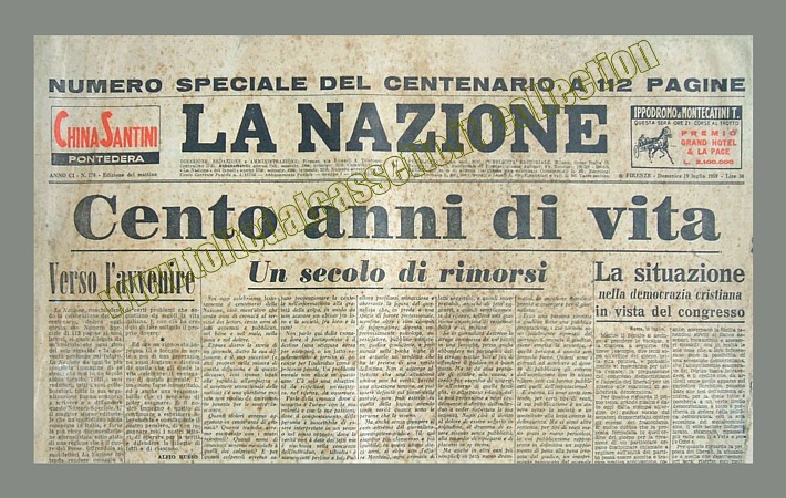 LA NAZIONE del 19 luglio 1959 - Numero speciale per celebrare i cento anni di vita della testata fiorentina