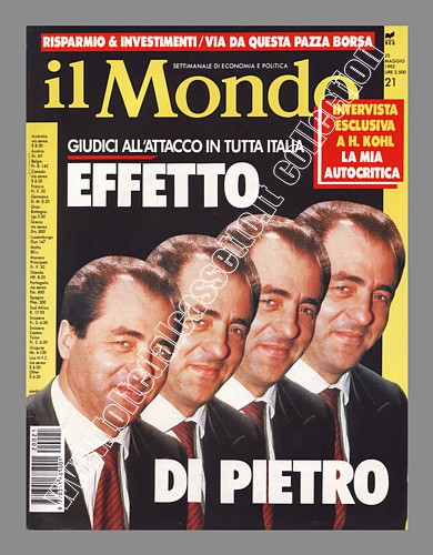 IL MONDO - Settimanale di economia e politica - Copertina del 25 maggio 1992 dedicata al giudice Antonio di Pietro e le sue inchieste su "Tangentopoli"