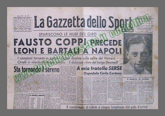 LA GAZZETTA DELLO SPORT del 2 giugno 1947 - Al 30 Giro d'Italia Fausto Coppi domina sulla salita del Vomero e vince la tappa Roma-Napoli davanti a Leoni e Bartali