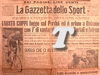 LA GAZZETTA DELLO SPORT del 3 giugno 1949 - Al 32 Giro d'Italia, sulle Dolomiti, Fausto Coppi vince per distacco la tappa Bassano-Bolzano. Adolfo Leoni conserva la maglia rosa