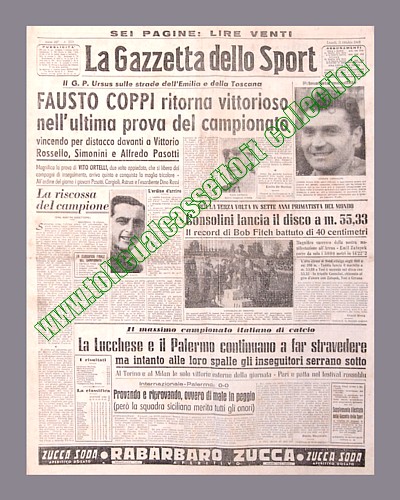 LA GAZZETTA DELLO SPORT dell'11 ottobre 1948 - Fausto Coppi torna vittorioso sulle strade di Emilia e Toscana vincendo il GP Ursus davanti a Rossello, Simonini e Pasotti
