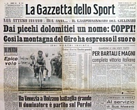 LA GAZZETTA DELLO SPORT del 30 maggio 1952 - Si rivede il grande Coppi sulle montagne dolomitiche del 35 Giro d'Italia
