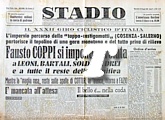 STADIO del 25 maggio 1949 - Al 32 Giro d'Italia Fausto Coppi vince la tappa Cosenza-Salerno, battendo in volata Leoni e Bartali