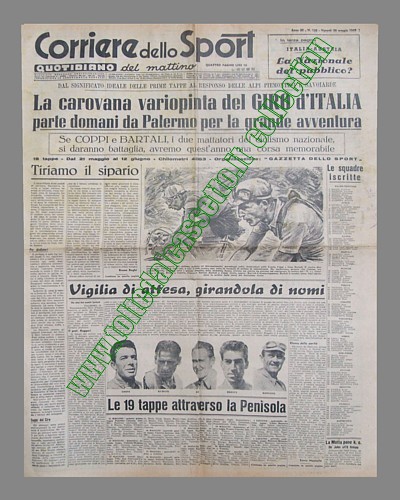 CORRIERE DELLO SPORT del 20 maggio 1949 - La carovana variopinta del 32 Giro d'Italia parte da Palermo: le squadre iscritte e le 19 tappe attraverso la Penisola