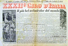Supplemento a L'UNITA' del 19-05-1949 per presentare il 32 Giro d'Italia, il pi bel technicolor del mondo. Da Palermo a Milano in 19 tappe per complessivi 4071 km. Fausto Coppi favorito d'obbligo