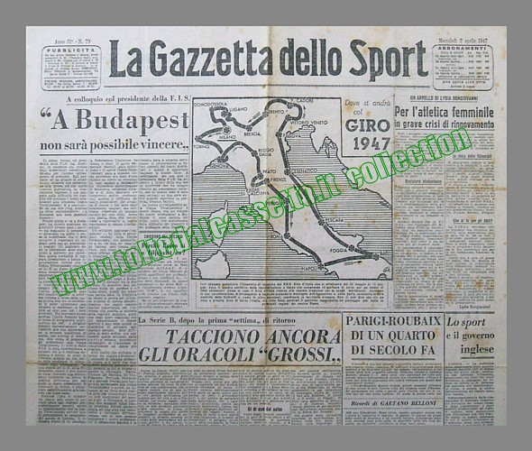 LA GAZZETTA DELLO SPORT del 2 aprile 1947 - Cartina topografica con le tappe del 30 Giro d'Italia di ciclismo