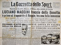 LA GAZZETTA DELLO SPORT del 27 maggio 1947 - Al 30 Giro d'Italia Luciano Maggini, esordiente freccia della Benotto,  primo al traguardo della terza tappa con arrivo a Reggio Emilia
