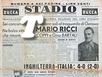 STADIO del 17 maggio 1948 - Mario Ricci vince la seconda tappa del 31 Giro d'Italia (Torino-Genova), battendo in volata Coppi e Bartali