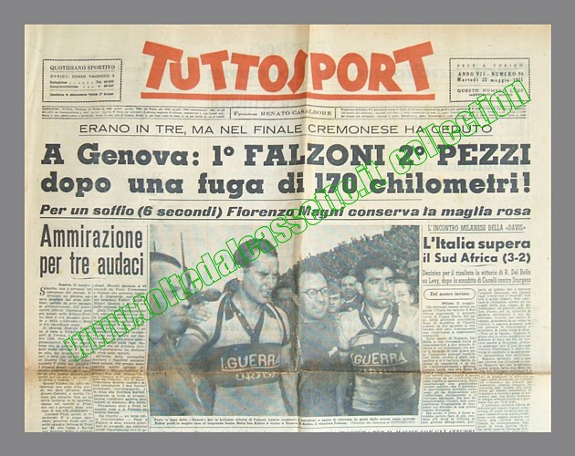 TUTTOSPORT del 22 maggio 1951 - Nella tappa con arrivo a Genova del 34 Giro d'Italia vince Falzoni davanti a Pezzi dopo una fuga di 170 km
