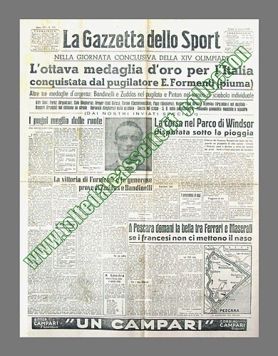 LA GAZZETTA DELLO SPORT del 14 agosto 1948 - Nel pugilato, il peso piuma Ernesto Formenti  medaglia d'oro alla XIV Olimpiade di Londra. Si tratta dell'ottavo successo per l'Italia