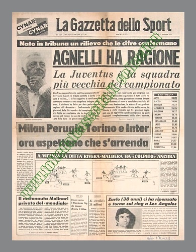 LA GAZZETTA DELLO SPORT del 21 novembre 1978 - Nato in tribuna un rilievo che le cifre confermano. Agnelli ha ragione: la Juventus  la squadra pi vecchia del campionato...