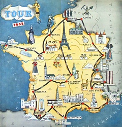 TOUR DE FRANCE 1952 - Carta con l'itinerario della corsa organizzata da L'Equipe e da Le Parisien