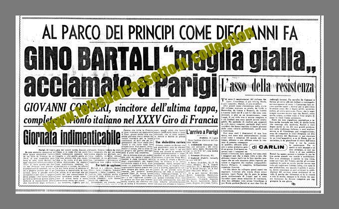 TUTTOSPORT del 26 luglio 1948 - Gino Bartali in maglia gialla acclamato al Parco dei Principi di Parigi dopo aver vinto il 35 Tour de France