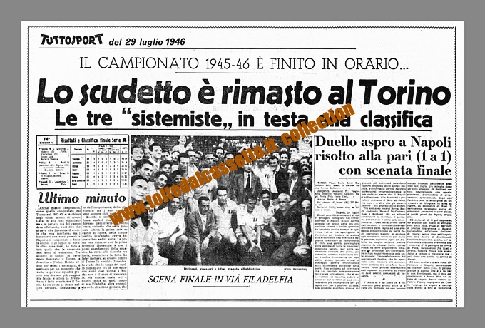 TUTTOSPORT del 29 luglio 1946 - Finisce il campionato 1945-'46 e lo scudetto rimane al Torino. Al secondo posto la Juventus, sconfitta dai granata nell'incontro decisivo...