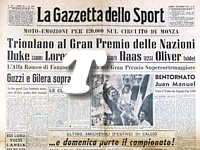 LA GAZZETTA DELLO SPORT del 7 settembre 1953 - Le moto italiane Guzzi e Gilera si affermano nel "Gran Premio delle Nazioni" sul circuito di Monza e assicurano all'Italia 4 titoli mondiali