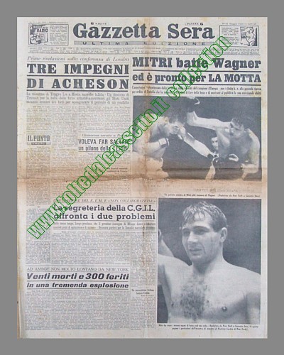 GAZZETTA SERA del 20/21 maggio 1950 - Al Madison Square Garden di New York il campione europeo dei medi Tiberio Mitri sconfigge Dick Wagner ed  pronto per sfidare Jake La Motta...