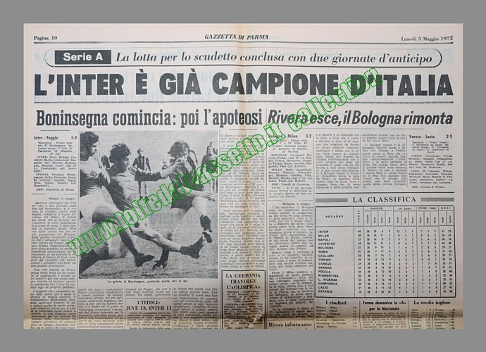 GAZZETTA DI PARMA del 3 maggio 1971 - La lotta per lo scudetto conclusa con due giornate d'anticipo. L'Inter  gi campione d'Italia...