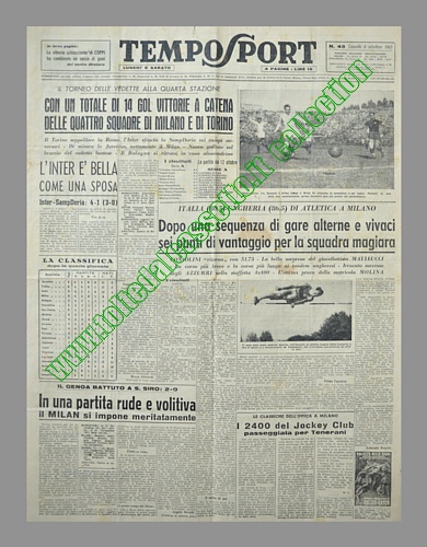 TEMPO SPORT del 6 ottobre 1947 - A Genova l'Inter batte la Sampdoria per 4-1 e il giornale titola pomposamente "L'Inter  bella come una sposa"