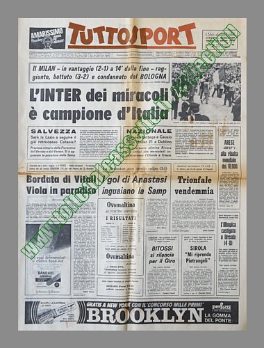 TUTTOSPORT del 3 maggio 1971 - L'Inter dei miracoli  campione d'Italia per l'undicesima volta