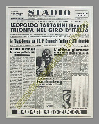 STADIO del 6 aprile 1953 - Leopoldo Tartarini (su Benelli) trionfa nel 1 Giro d'Italia motociclistico