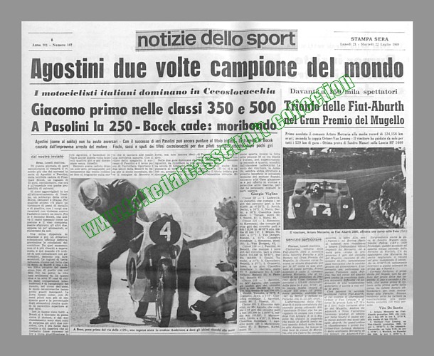 STAMPA SERA del 22 luglio 1969 - Il motociclista Giacomo Agostini vince a Brno e diventa nuovamente campione del mondo nelle classi 350 e 500