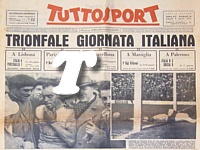 TUTTOSPORT del 9 aprile 1951 - Cinque vittorie in campo internazionale per una domenica trionfale dello sport italiano. In fotografia Bevilacqua, primo nella Parigi-Roubaix