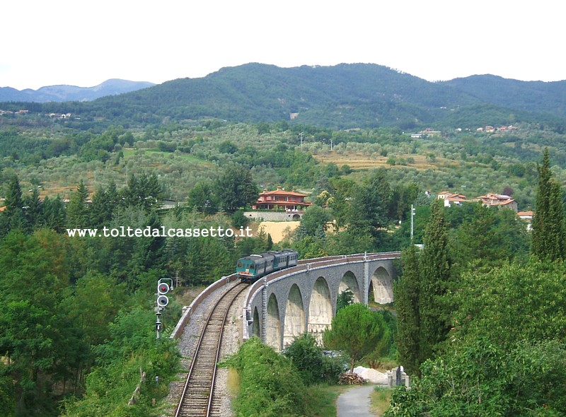 FERROVIA AULLA-LUCCA - Panoramica del ponte sul Tassonaro a Pieve San Lorenzo con treno di linea in transito