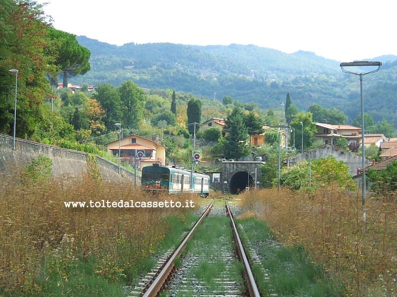 PIEVE SAN LORENZO - Un treno di linea sta per imboccare la Galleria del Lupacino. La foto mostra la zona prima che iniziassero i lavori per lo scalo merci, quando i binari scorrevano tra una folta vegetazione