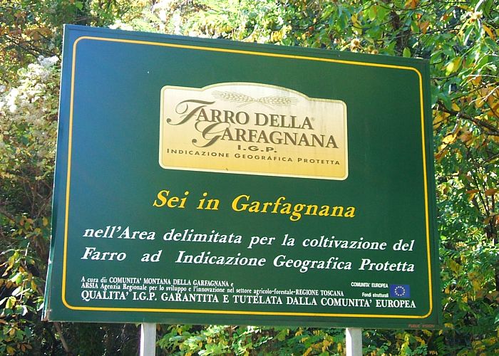 GARFAGNANA (Minucciano) - Cartello turistico che segnala l'area delimitata per la coltivazione del Farro (I.G.P. - Indicazione Geografica Protetta)