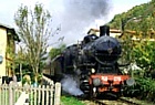 FERROVIA AULLA-LUCCA - La locomotiva a vapore di un treno d'epoca attraversa un passaggio a livello tra Gragnola e Monzone