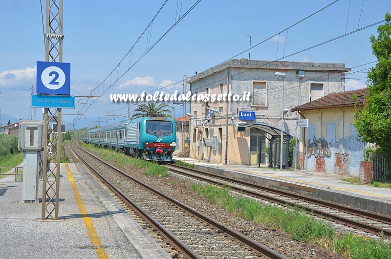 STAZIONE DI LUNI - Treno di linea regionale, trainato dalla locomotiva E.464-201, in transito sul binario 1