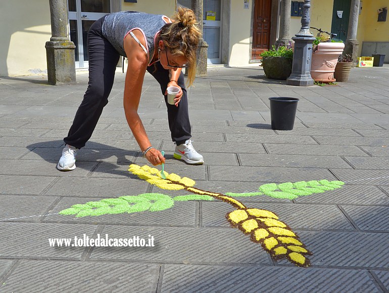 BRUGNATO (Infiorata del Corpus Domini 2025) - In Piazza Brosini un'infioratrice disegna spighe di grano utilizzando un cucchiaio