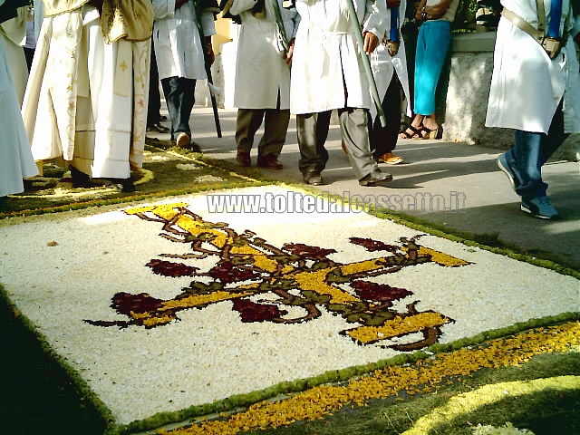 BRUGNATO (Infiorata del Corpus Domini 2006) - La processione serale passa sopra un disegno raffigurante una croce avvolta da tralci di vite