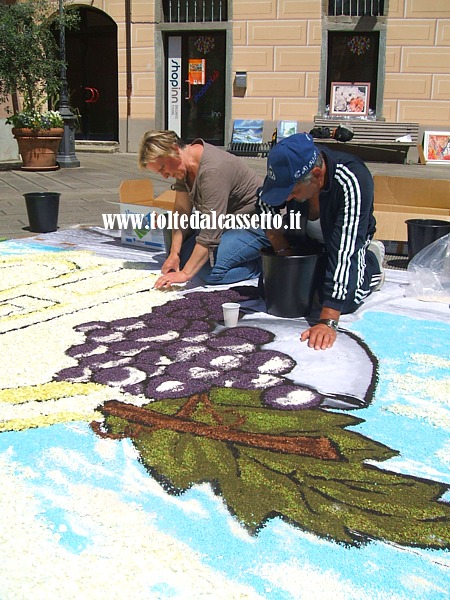 BRUGNATO (Infiorata del Corpus Domini 2013) - Allestimento di un disegno raffigurante un grappolo d'uva con foglia di vite