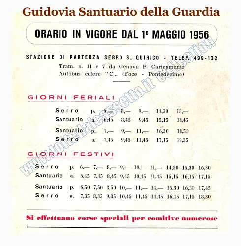 GUIDOVIA SANTUARIO DELLA GUARDIA - Orario tipo in vigore nel maggio 1956