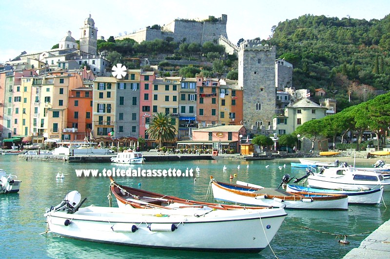 PORTOVENERE - Vista sul molo ( Si riconoscono il castello, le mura, la torre capitolare e il campanile del Santuario della Madonna Bianca)