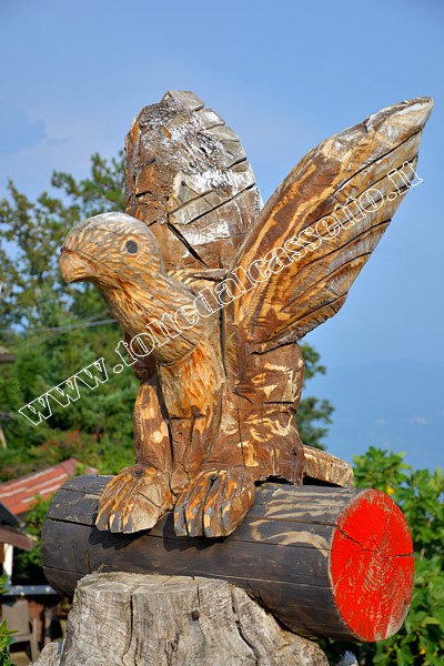 CROCETTA DI MULAZZO - "Aquila" appollaiata sul tronco di un albero, scultura in legno del maestro d'ascia Gino Fogola