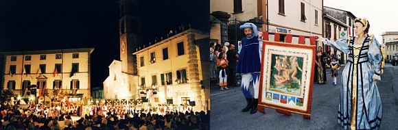 FIVIZZANO - La "Disfida" nella Piazza Medicea e il "Palio" (che viene assegnato alla contrada vincitrice) esposto nel corteo storico per le vie della città