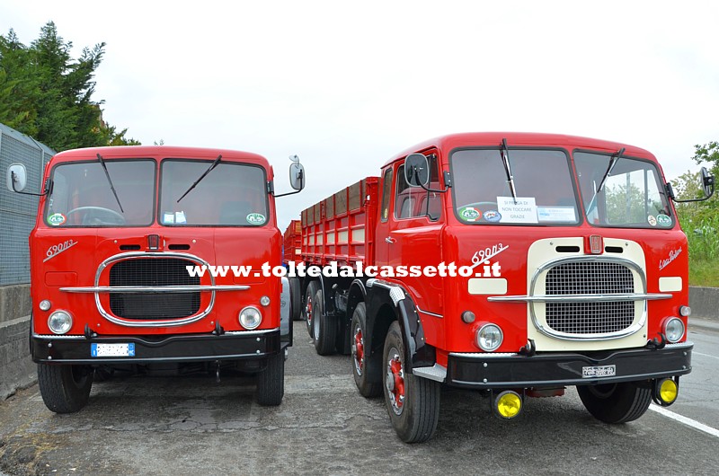 Due gemelli di autocarro FIAT 690 N3 a 4 assi, entrambi in versione autotreno. Quello a destra  carrozzato Perlini