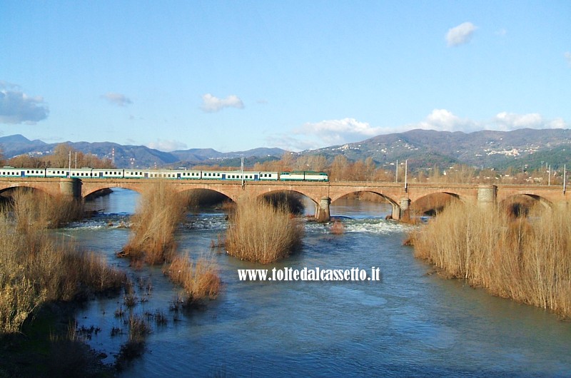 PARCO DEL MAGRA - Paesaggio invernale del fiume Magra con treno in transito sul ponte della linea La Spezia-Pisa